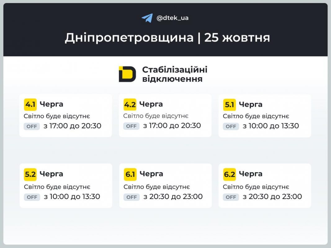 Графіки відключень 25 жовтня