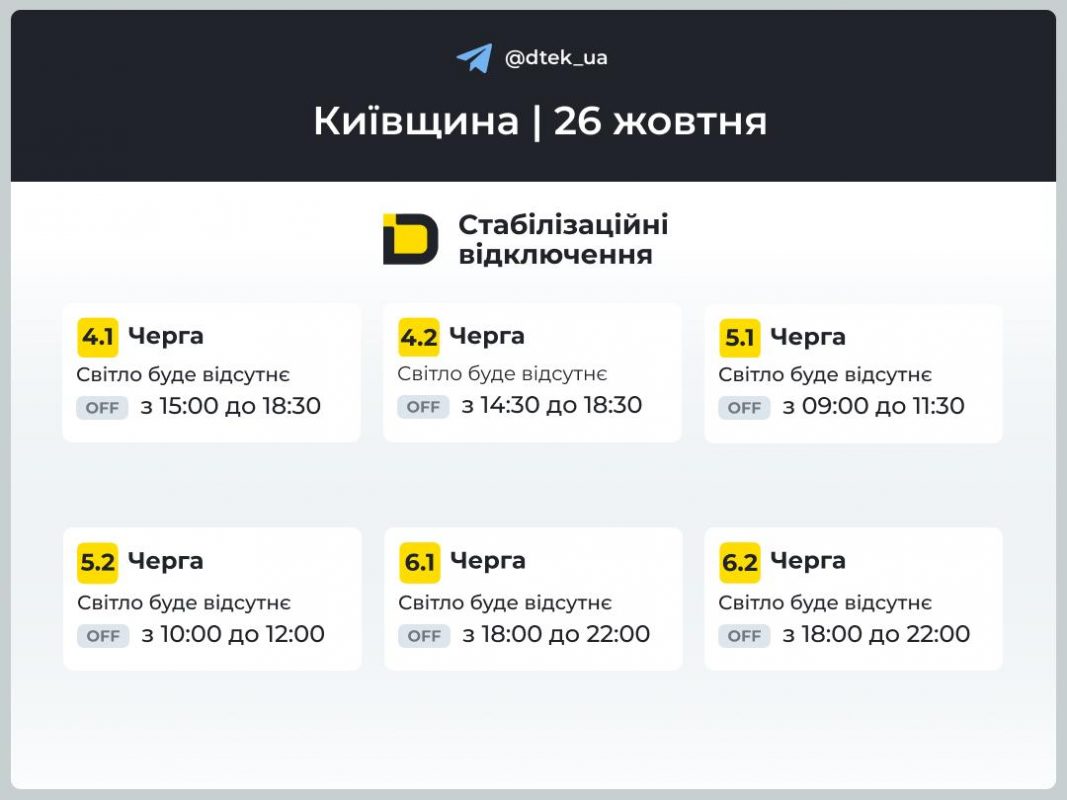 Графіки відключень на 26 жовтня