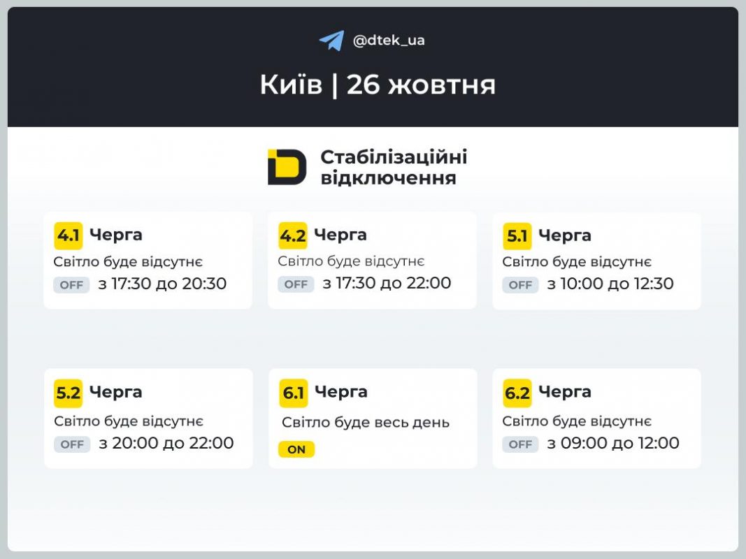 Графіки відключень на 26 жовтня
