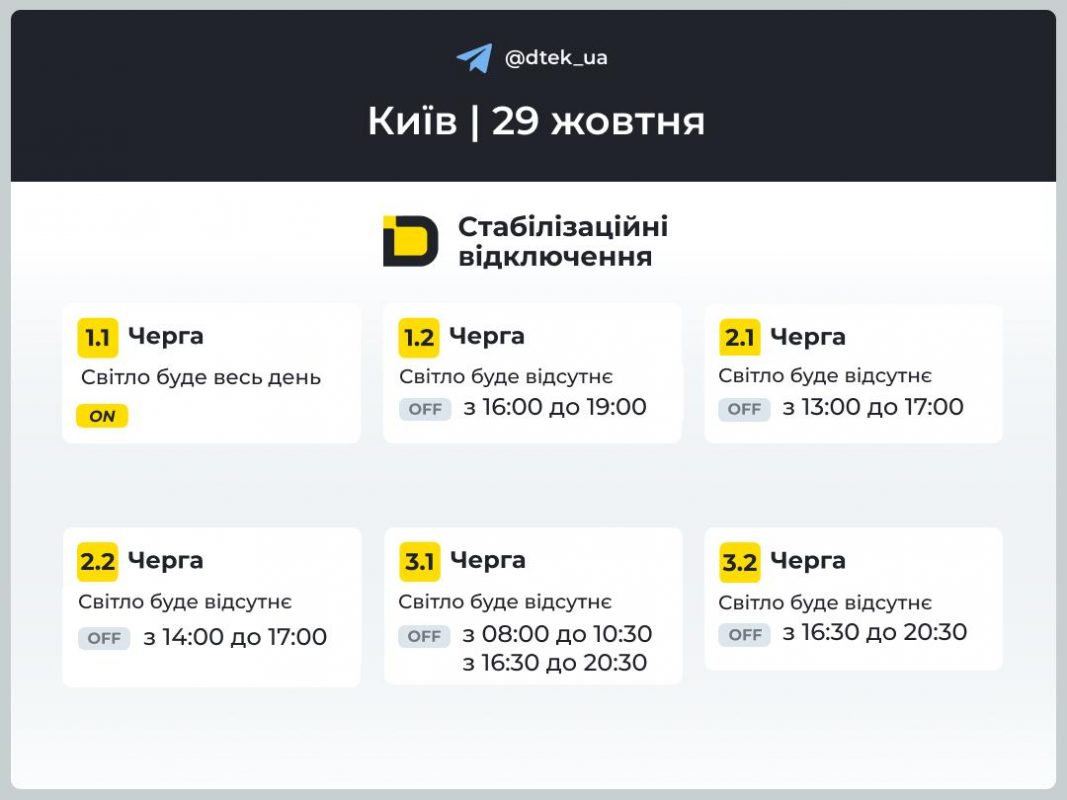 Графіки відключень світла на 29 жовтня