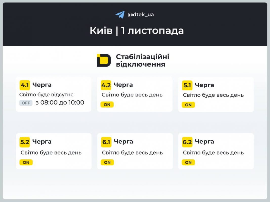 Графіки відключень на 1 листопада