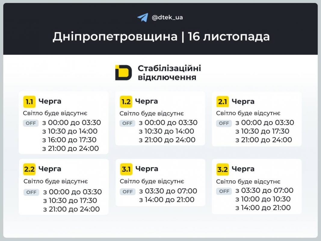 Відключення світла на Дніпропетровщині 16 листопада: актуальний графік ДТЕК та де дивитися черги