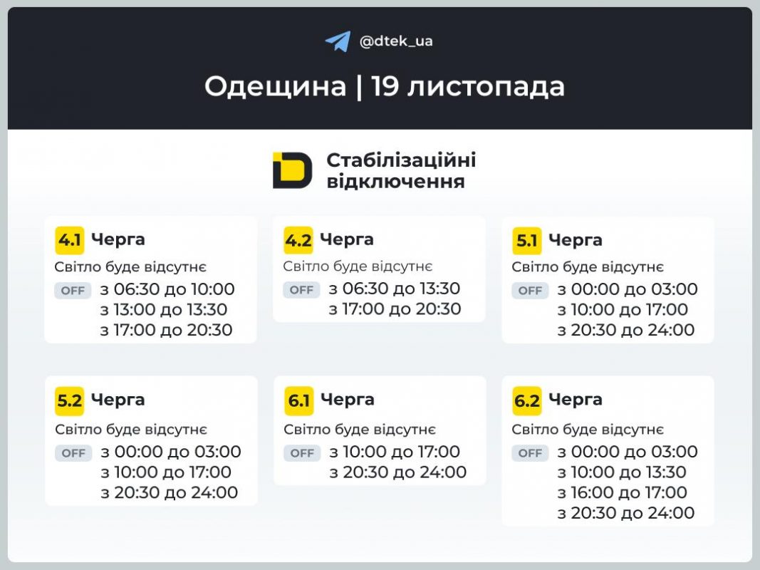 Планові відключення на Одещині 19 листопада 2025: актуальні графіки ДТЕК - оновлено