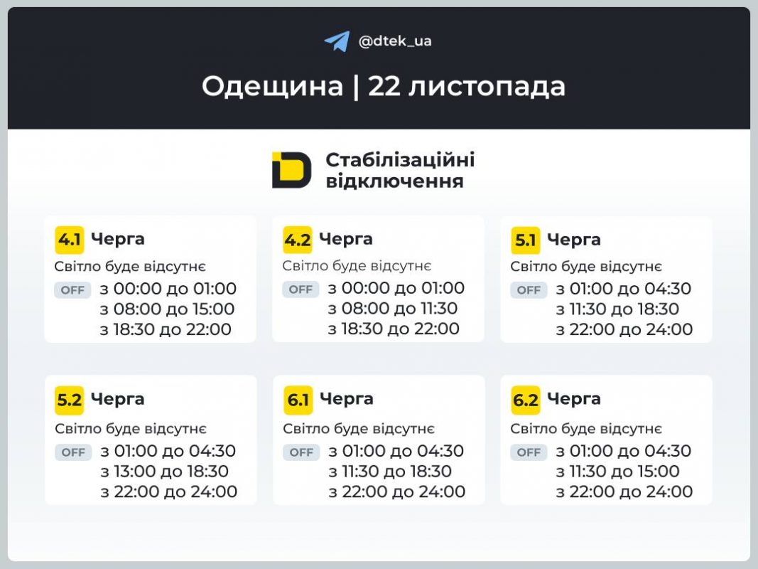 Відключення світла на Одещині 22 листопада: актуальні графіки та де дивитися черги