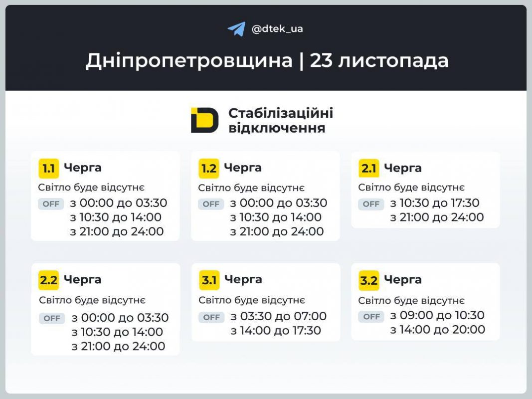 Відключення світла на Дніпропетровщині 23 листопада: графік ДТЕК та де слідкувати за оновленнями
