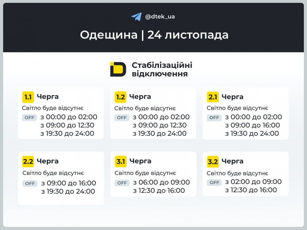 Відключення світла на Одещині 24 листопада 2025 року: актуальний графік ДТЕК та де стежити за чергами