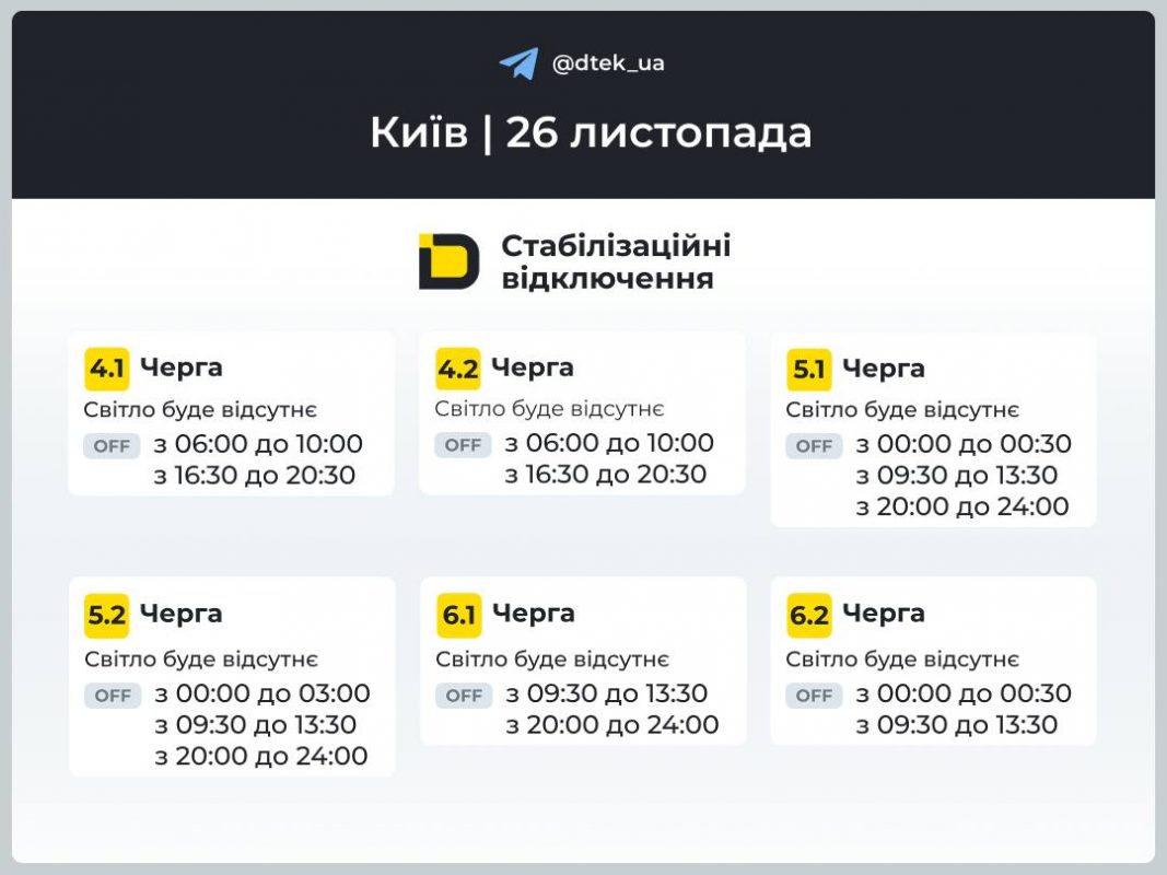 Графіки відключень світла у Києві та області 26 листопада 2025: де дивитись черги та оновлення
