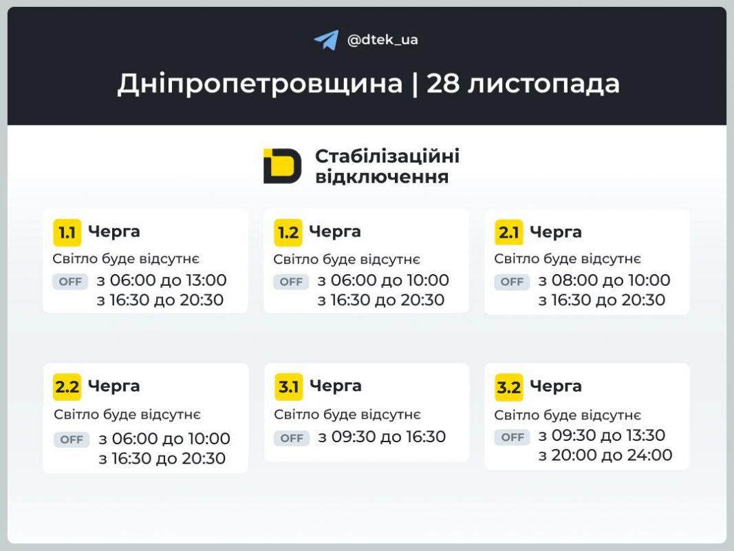 Графіки відключень світла для Дніпропетровщини на 28 листопада 2025