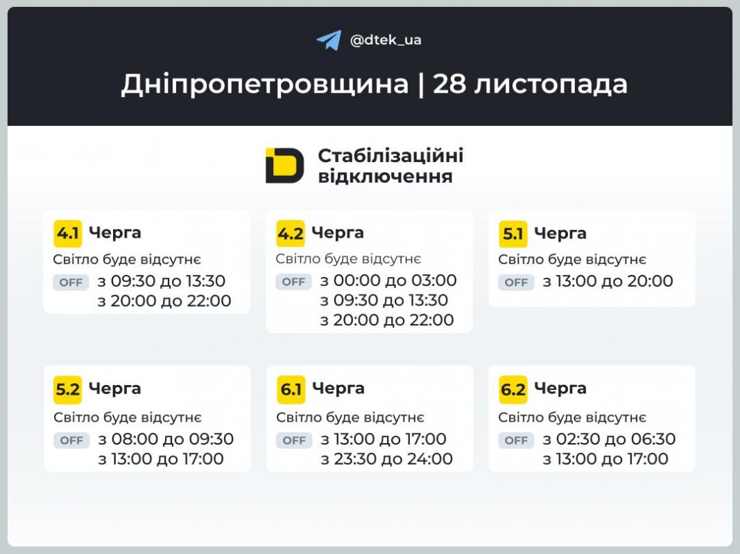 Графіки відключень світла для Дніпропетровщини на 28 листопада 2025