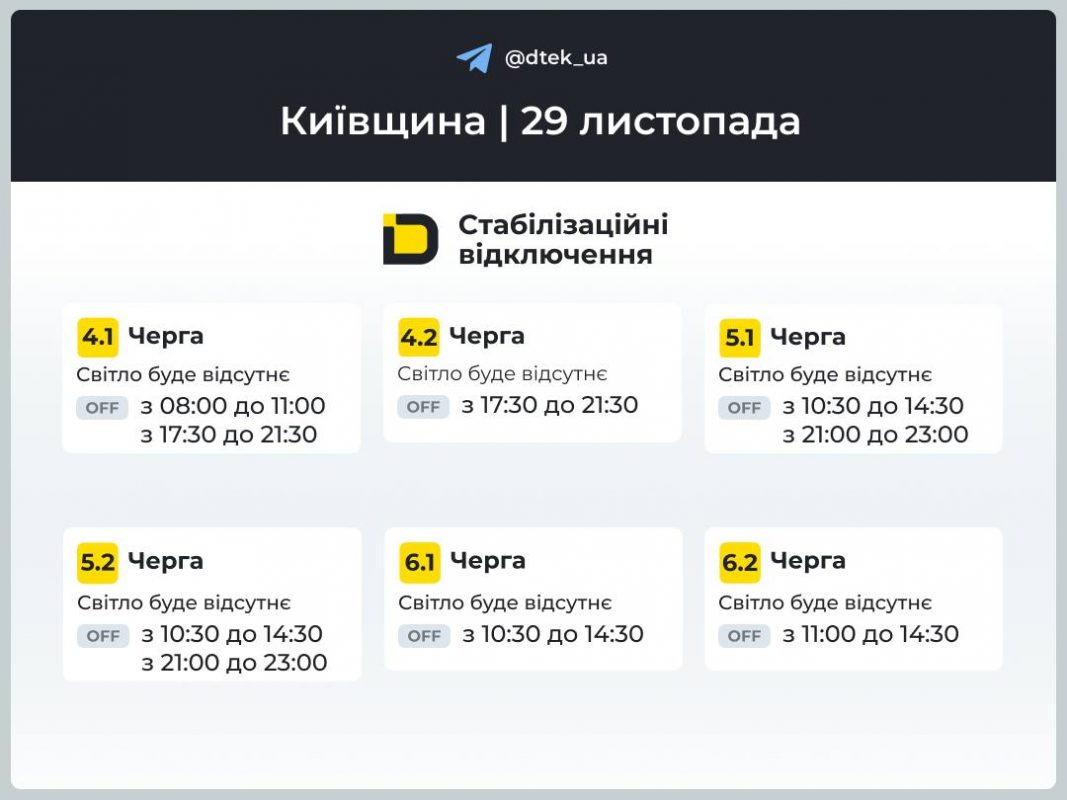 Графіки відключень світла для Київа та Київщини 29 Листопада: де знайти свою чергу ДТЕК