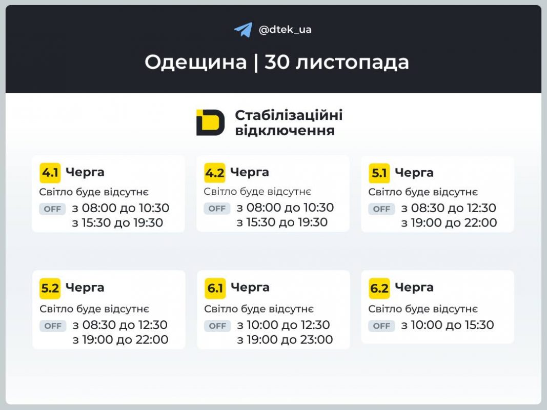 Масові відключення світла в Одеській області: актуальні графіки ДТЕК на 30 листопада