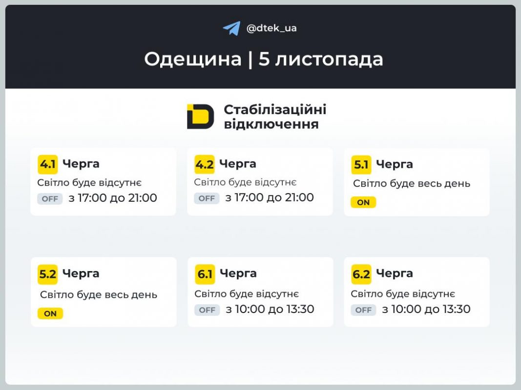 Відключення світла у Одесі та області 5 листопада 2025: актуальні графіки ДТЕК