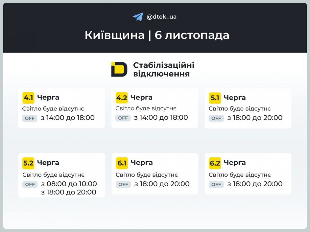Відключення електрики у Києві та області 6 листопада: актуальні графіки ДТЕК, черги та поради, як підготуватися