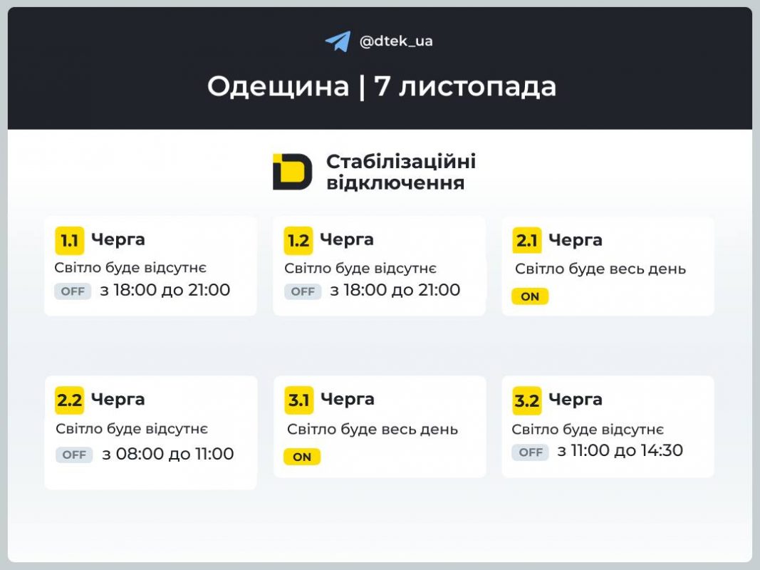 Відключення світла на Одещині 7 листопада: актуальні графіки ДТЕК, черги та поради, як підготуватися