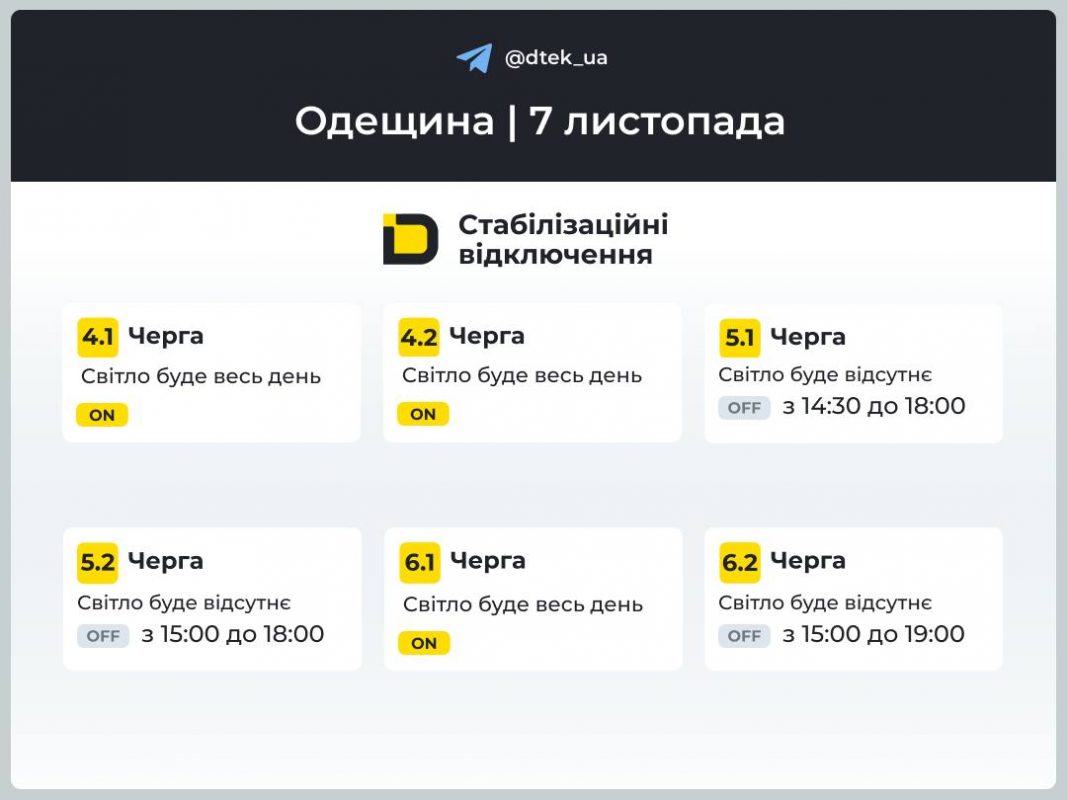 Відключення світла на Одещині 7 листопада: актуальні графіки ДТЕК, черги та поради, як підготуватися
