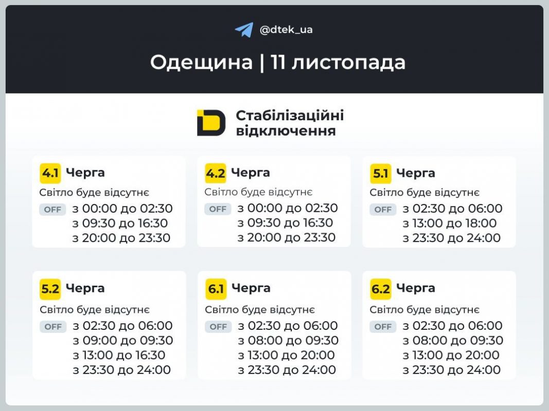 Відключення світла в Одесі та області 11 листопада 2025 року: актуальний графік ДТЕК та як перевірити свою чергу