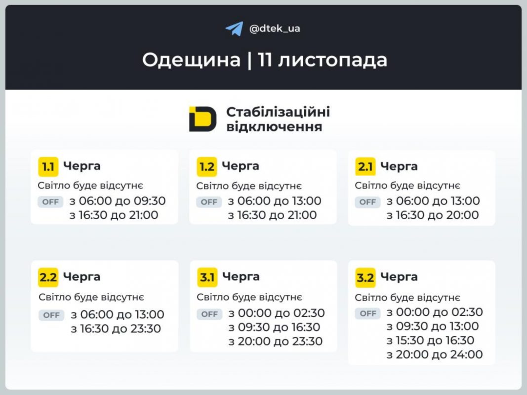 Відключення світла в Одесі та області 11 листопада 2025 року: актуальний графік ДТЕК - оновлено