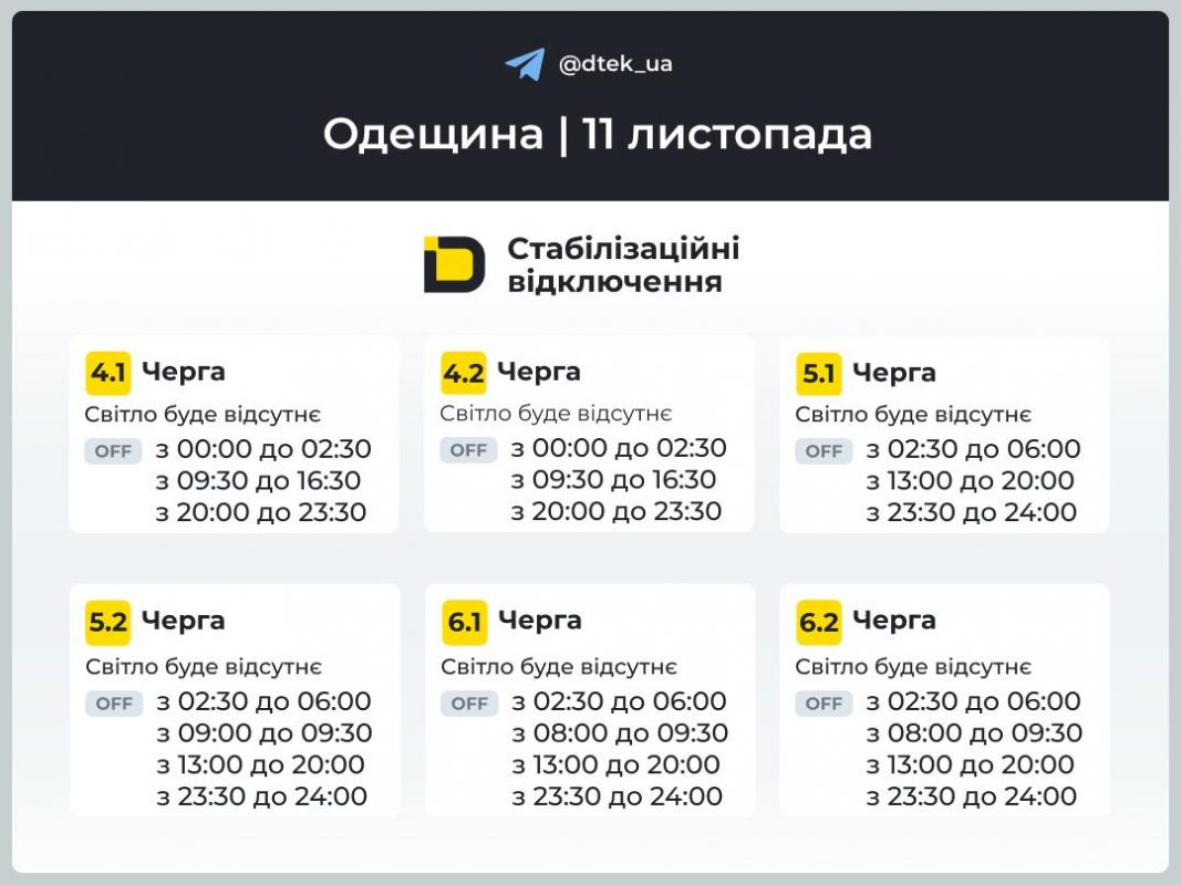 Відключення світла в Одесі та області 11 листопада 2025 року: актуальний графік ДТЕК - оновлено