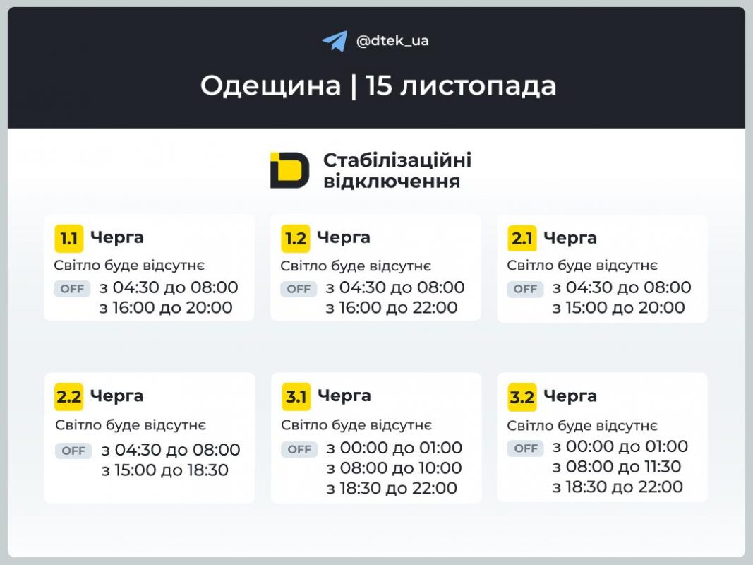 Відключення світла на Одещині 15 листопада 2025: актуальні графіки, черги та як перевірити зміни