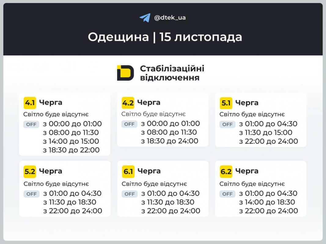 Відключення світла на Одещині 15 листопада 2025: актуальні графіки, черги та як перевірити зміни