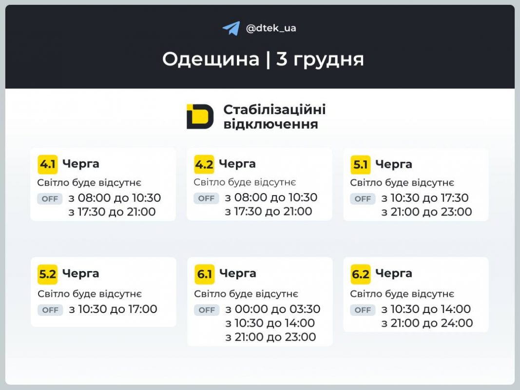 Відключення світла на Одещині 3 грудня: актуальні графіки
