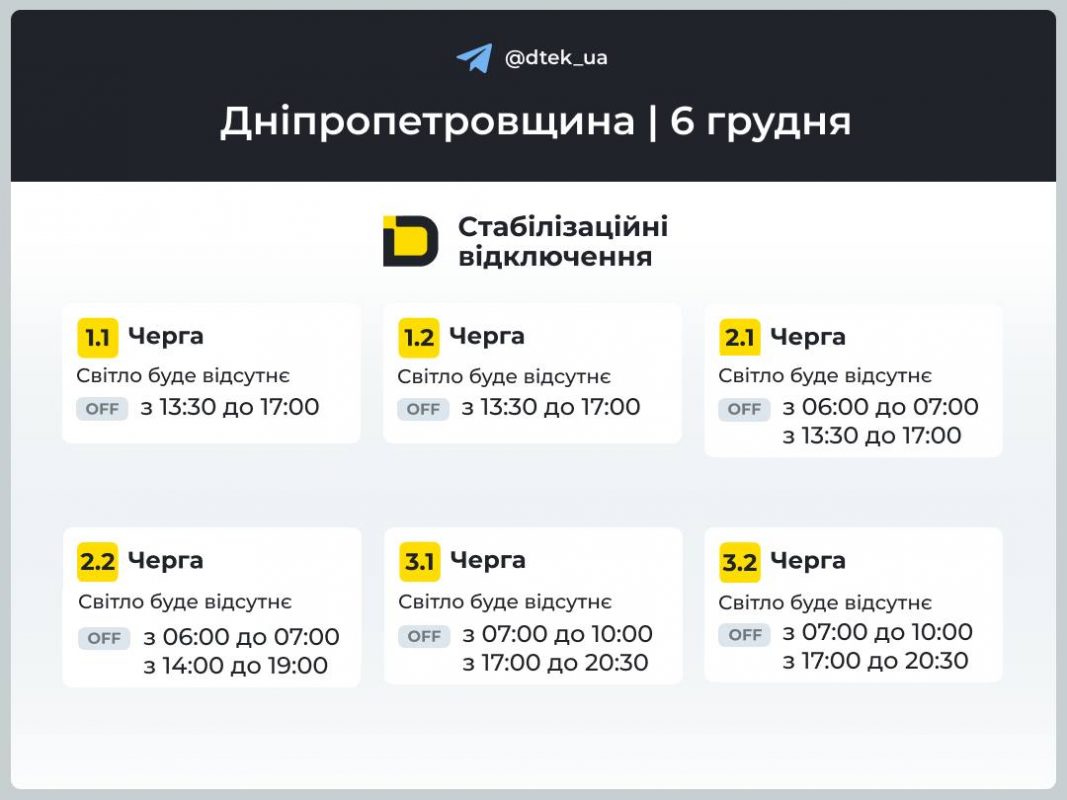 Графіки відключень світла для Дніпропетровщини на 6 грудня: де шукати свою чергу