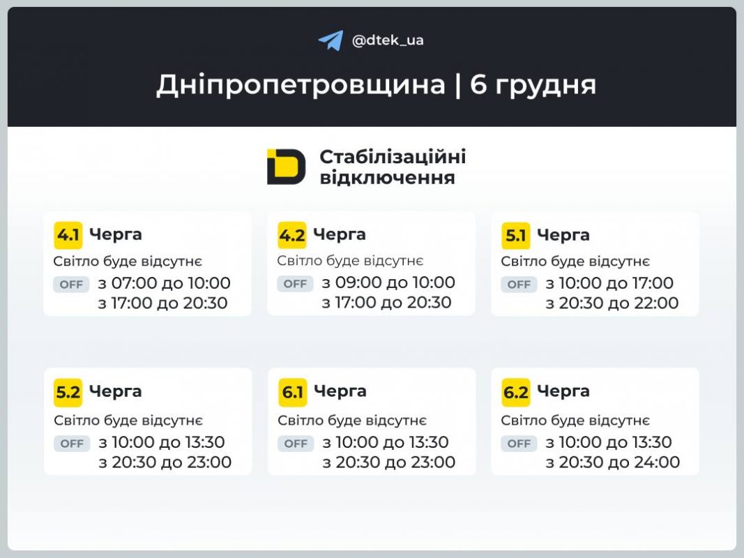 Графіки відключень світла для Дніпропетровщини на 6 грудня: де шукати свою чергу