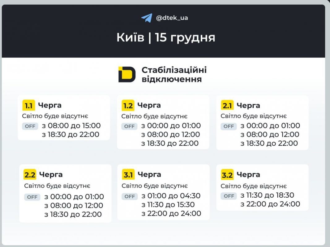 Київ та Київщина 15 грудня: актуальні графіки відключень та черги ДТЕК