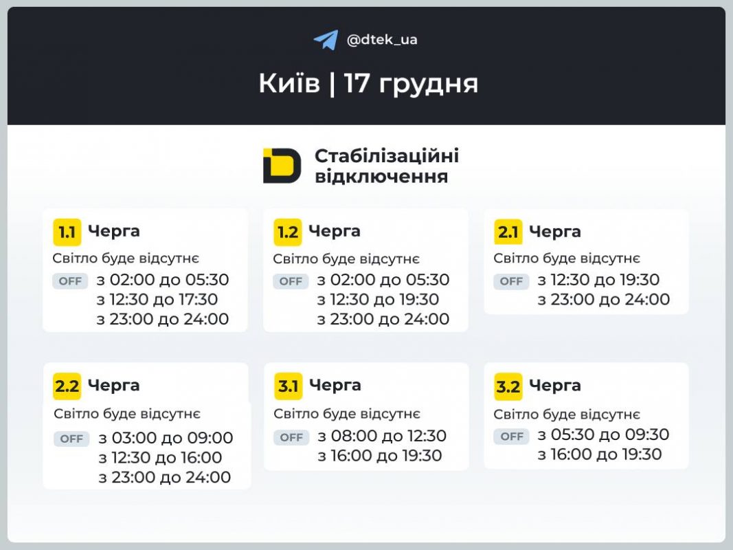 Відключення світла у Києві та Київській області 17 грудня 2025 року: оновлені графіки ДТЕК та черги