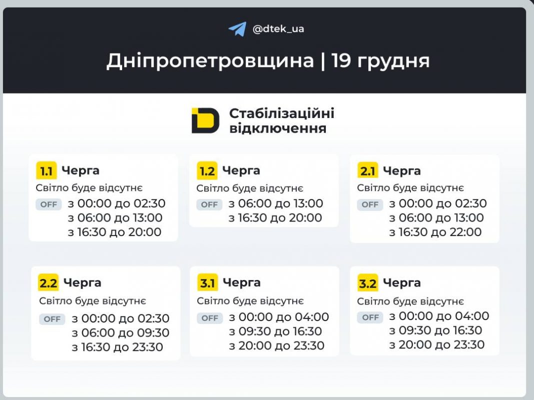 Графіки відключення світла на Дніпропетровщині 19 грудня: чого очікувати