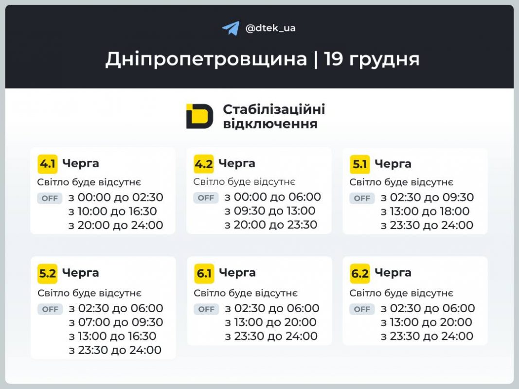 Графіки відключення світла на Дніпропетровщині 19 грудня: чого очікувати