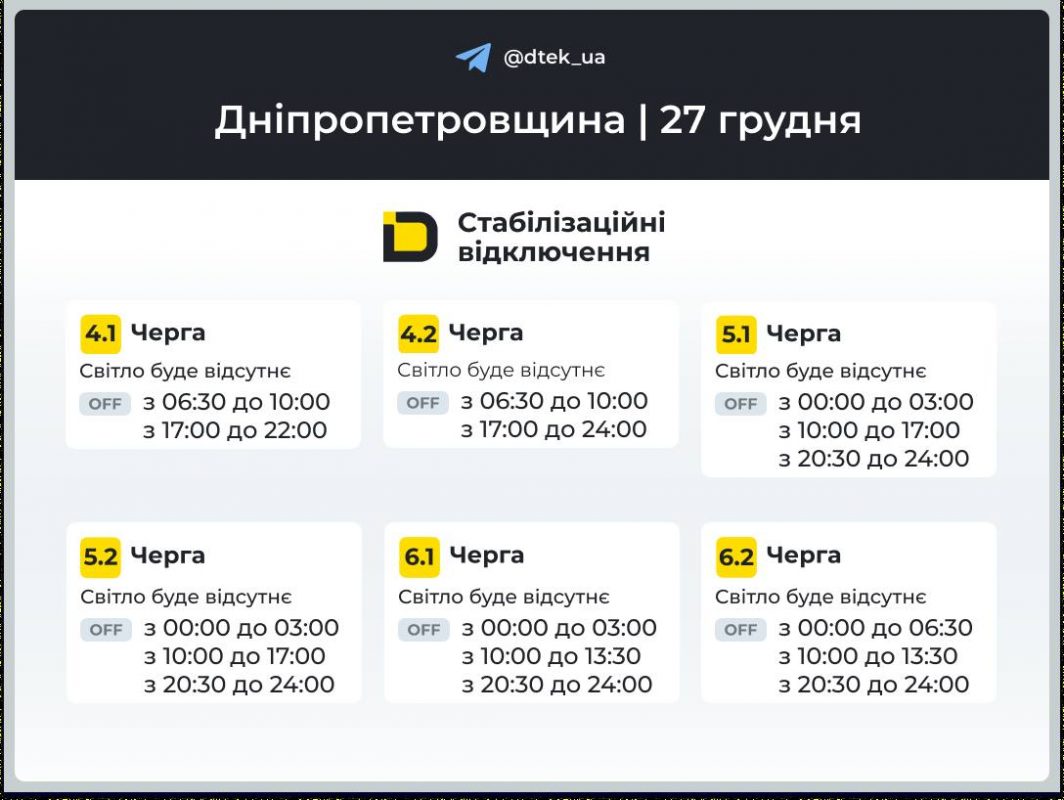Відключення світла на Дніпропетровщині 27 грудня 2025 року: графіки ДТЕК та черги
