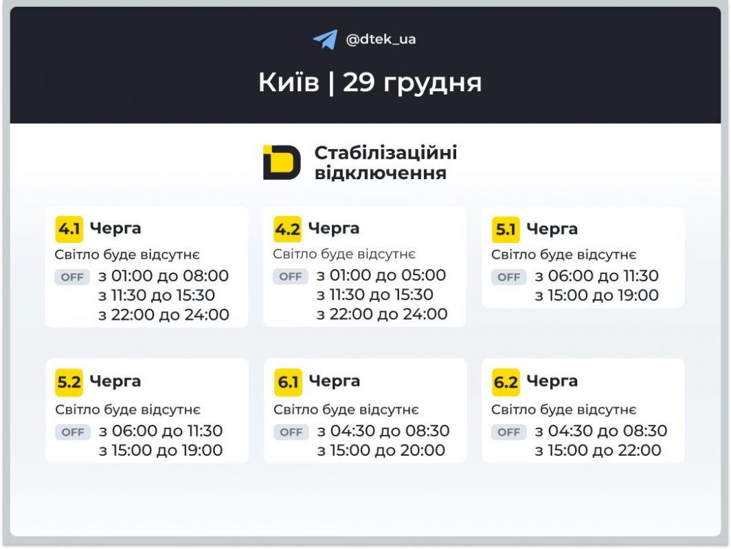 Відключення електроенергії у Києві 29 грудня: інформація для Правого та Лівого берега столиці