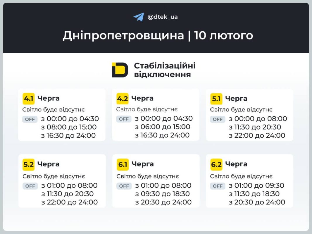 Графіки відключення світла на Дніпропетровщині 10 лютого 2026: чого очікувати мешканцям