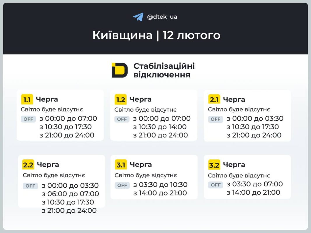 Київщина: графіки відключень електроенергії на 12 лютого