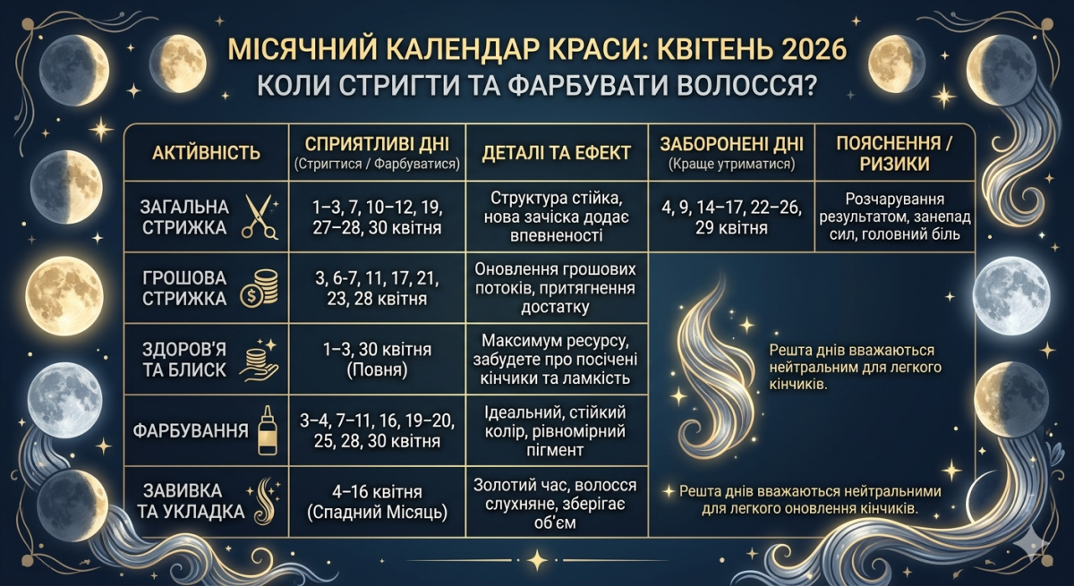 Місячний календар стрижок на квітень 2026